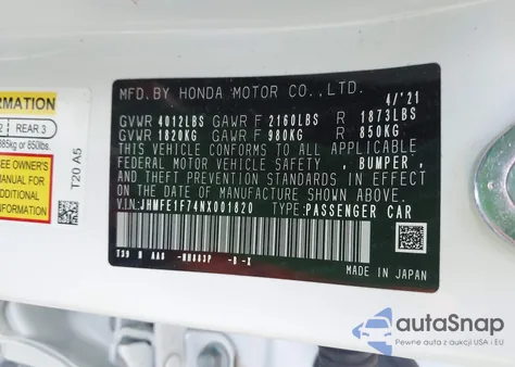 2022 Honda Civic Ex from USA, damaged, VIN JHMFE1F74NX001820